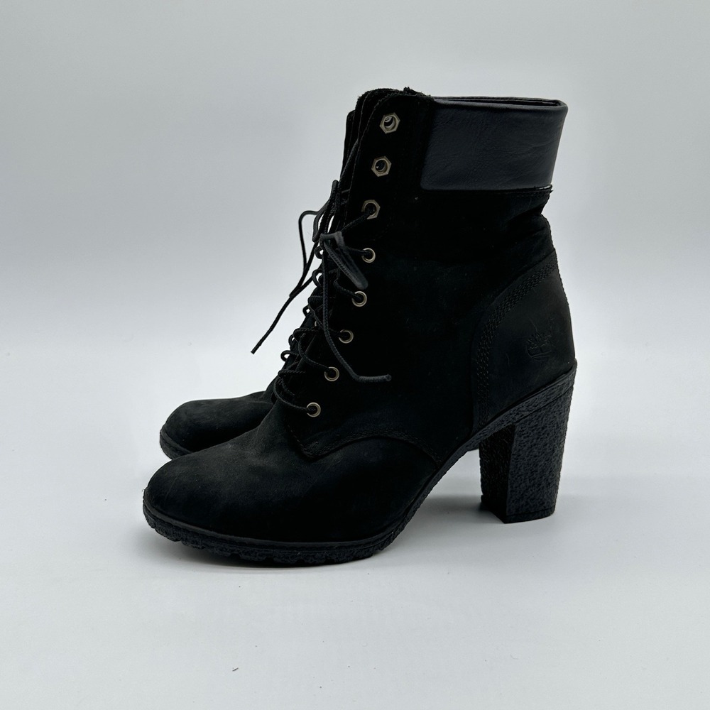 Timberland Glancy Ankle Boots Sz 8.5 Black Suede High Block Heel Lace Up